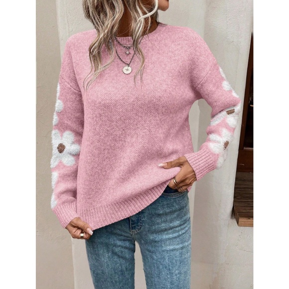 Pink Pullover Sweater Knit Flower Textured Button Front - Picture 5 of 7